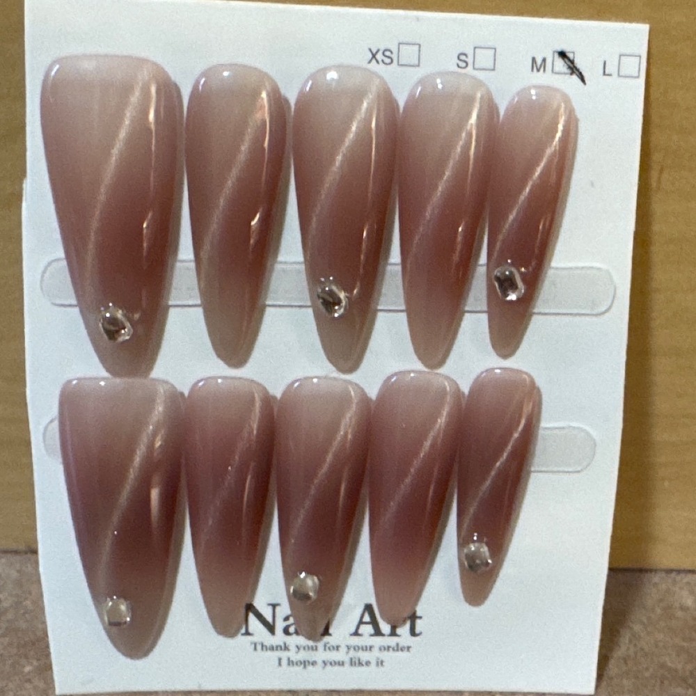 Mauve Nude Cat Eye Press On Nails Long Stiletto Velvet Shimmer Rhinestone Size M